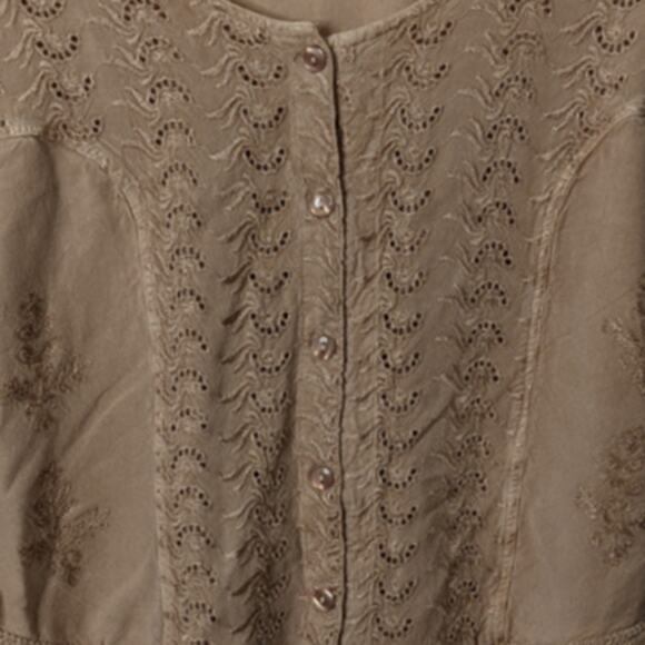 Vintage Y2K Boho Peasant Blouse Tan Eyelet Tie Back Flutter Sleeve Romantic Top - Picture 4 of 10